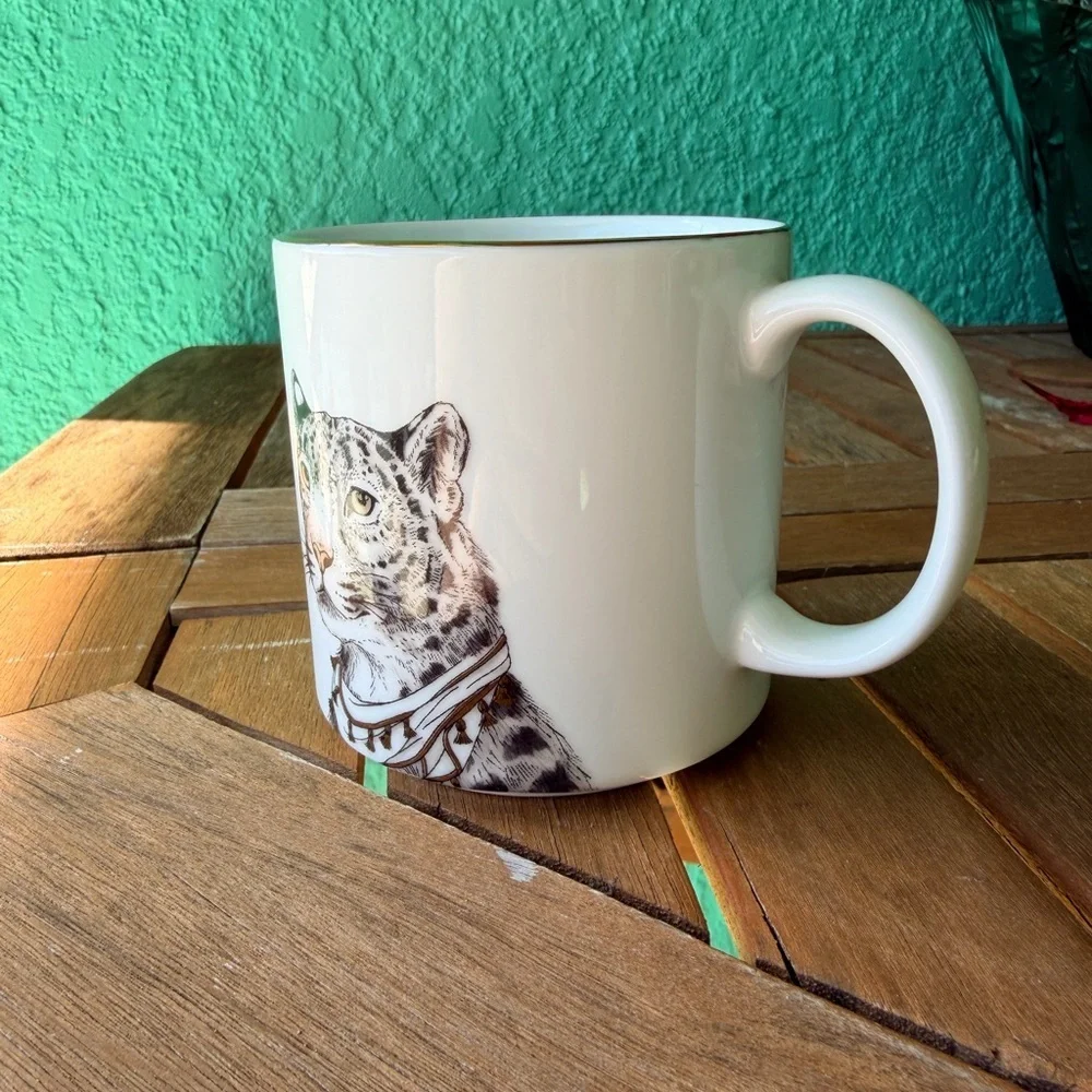 West Elm White Mug with Leopard Design